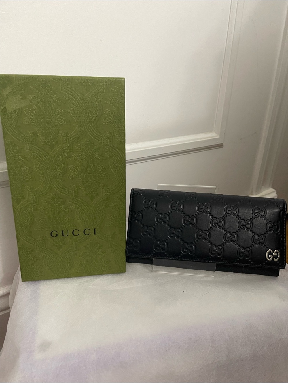 Gucci Black Embossed GG Leather Long Wallet with Gold GG Accent